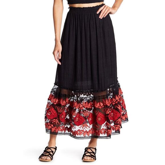 FREE PEOPLE NWT Black & Red Floral Lace Embroidered Maxi Skirt - Small - Picture 2 of 10
